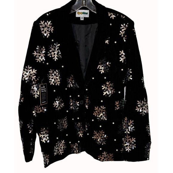 Women's Sequined Snowflake & Faux Pearl Velvet Blazer By Tipsy Elves‎ 1X Black - Picture 3 of 8
